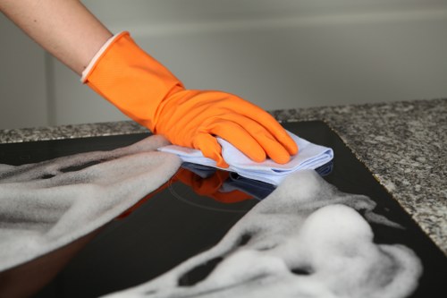 Carpet cleaning team preparing safe equipment and workspace