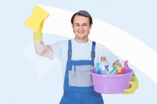 Close-up of insurance and safety paperwork with cleaning equipment